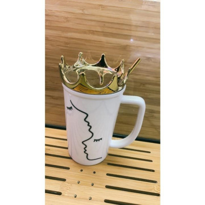 CỐC UỐNG NƯỚC BẶNG SỨ CÓ NẮP HÌNH VƯƠNG MIỆN KÈM ỐNG MÚT INOX