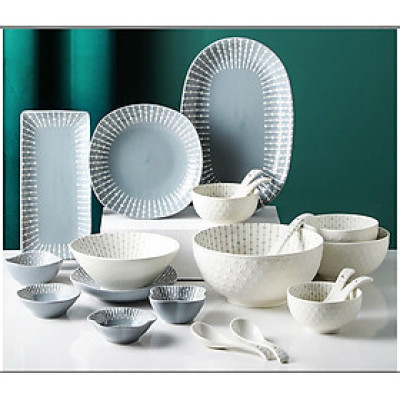 Bộ bát đĩa chén đĩa cao cấp Gosu họa tiết giọt nước màu trắng xám sang trọng