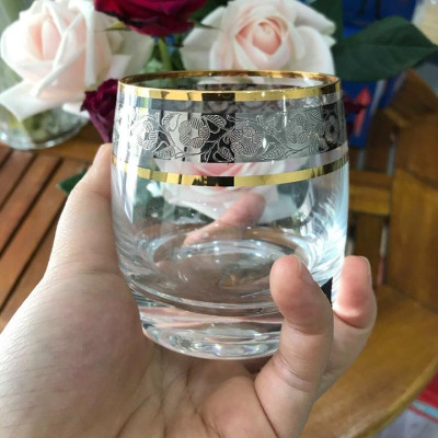 Bộ 6 ly pha lê uống whisky uống nước, bia 230 ml mạ vàng, platin  24k Tiệp Khắc