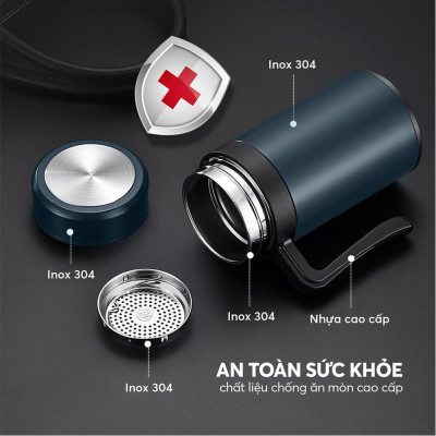 Ly giữ nhiệt inox 304 Elmich EL8329 450ml, Hàng chính hãng, có tay cầm, có khay lọc trà, miệng rộng dễ vệ sinh - JoyMall