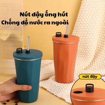 Cốc Giữ Nhiệt Cao Cấp Trơn 600ml, Ly Giữ Nhiệt Kèm Ống Hút Có Núm Đậy Kèm Túi Trong Suốt Tiện Lợi - HÀNG CHÍNH HÃNG MINIIN