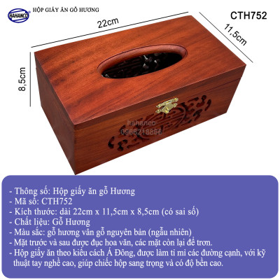 Hộp giấy ăn gỗ Hương cỡ lớn hàng VIP - Đục Khắc Hoa Văn Tinh Xảo/ Độc Đáo/ kiểu cách phương Đông - CTH752