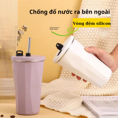 Cốc Giữ Nhiệt Cao Cấp Trơn 600ml, Ly Giữ Nhiệt Kèm Ống Hút Có Núm Đậy Kèm Túi Trong Suốt Tiện Lợi - HÀNG CHÍNH HÃNG MINIIN