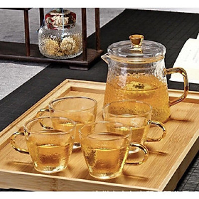 Bộ ấm chén thủy tinh pha trà tay vàng vân sần chịu nhiệt cao cấp kèm khay gỗ tre