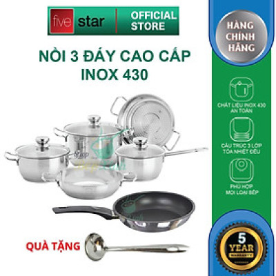 Bộ Nồi và chảo 3 Đáy Inox 430 Fivestar Standard bếp từ nắp kính