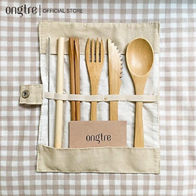 Set 7 món Tre (dao, muỗng, nĩa, đũa, cọ rửa, túi vải) du lịch tiện lợi (Bamboo Travel Utensil Pouch) | ongtre (Vietnam)