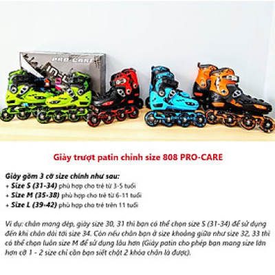 Giày Trượt Patin 1 Hàng Bánh 808 PRO-CARE (có thể điều chỉnh kéo dài thêm 3 size) - Hàng Chính Hãng