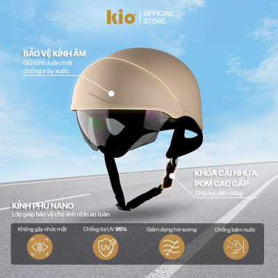 Mũ Bảo Hiểm Nửa Đầu Kio SafeStyle Go KN03K, Kính Âm Phủ Nano Chống Tia UV, Lớp Lót Kháng Khuẩn