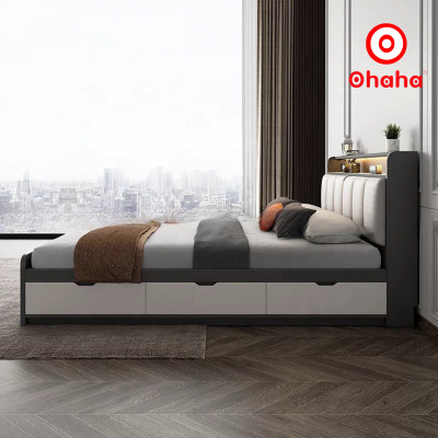 [Miễn phí vận chuyển & lắp đặt] Giường ngủ thông minh cao cấp bọc nệm đầu giường có hộc kéo gỗ công nghiệp Ohaha - GN017