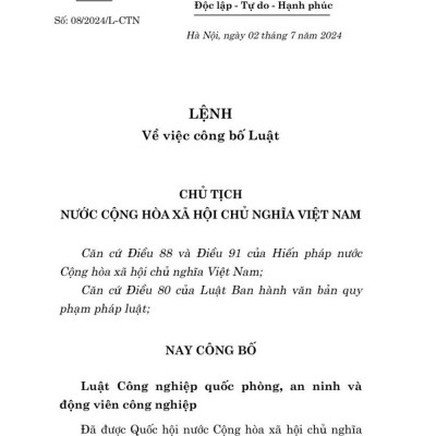Luật công nghiệp quốc phòng , an ninh và động viên công nghiệp 2024 - bàn in 2024