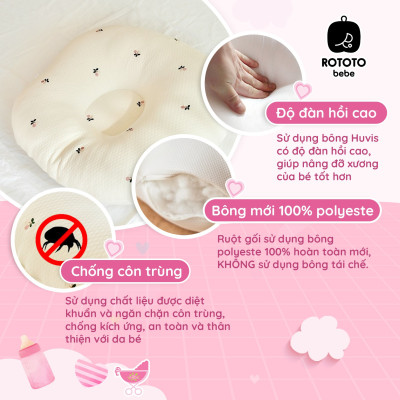 Gối chống trào ngược Rototo Bebe phiên bản giới hạn vỏ Airmesh Waffle thêu hoạ tiết mèo