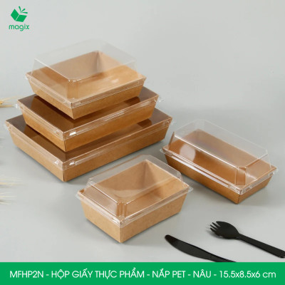 MFHP2N - 15.5x8.5x6 cm - 50 hộp giấy kraft thực phẩm màu nâu nắp Pet, hộp giấy chữ nhật đựng thức ăn, hộp bánh nắp trong