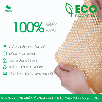 MHP3N - 30cm x 100m - Cuộn giấy tổ ong chống sốc - Kraft nâu Cao Cấp - Giấy gói hàng, gói quà