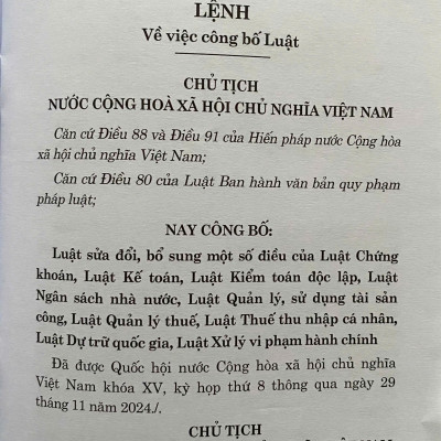 Luật Sửa Đổi, Bổ Sung Một Số Điều Của Luật Chứng Khoán, Luật Kế Toán, Luật Kiểm Toán Độc Lập, Luật Ngân Sách Nhà nước, Luật Quản Lý, Sử Dụng Tài Sản Công, Luật Quản Lý thuế, Luật Thuế Thu Nhập Cá Nhân, Luật Dự Trữ Quốc Gia, Luật Xử Lý Vi Phạm Hành Chính