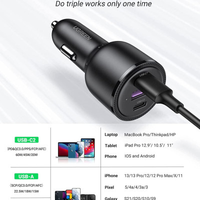 Ugreen UG20467CD239TK 69w 2 cổng Type C + 1 usb A Bộ sạc nhanh 3 cổng điện thoại trên ô tô màu đen - HÀNG CHÍNH HÃNG