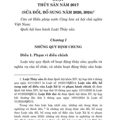 Luật thủy sản năm 2017 sửa đổi, bổ sung năm 2020, 2024 (bản in 2024)