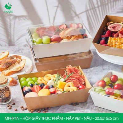MFHP4N - 20.5x15x6 cm - 25 hộp giấy kraft thực phẩm màu nâu nắp Pet, hộp giấy chữ nhật đựng thức ăn, hộp bánh nắp trong