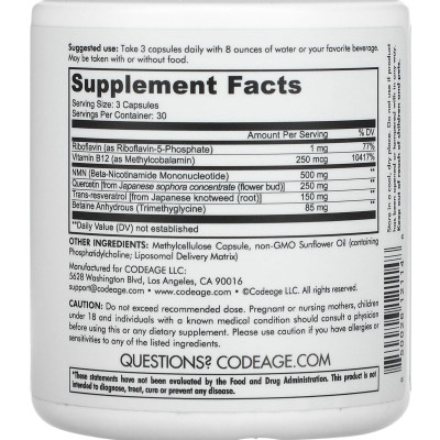 Viên uống ngăn ngừa lão hóa kéo dài tuổi thọ và trẻ hóa làn da Codeage Liposomal NMN - 90 Viên