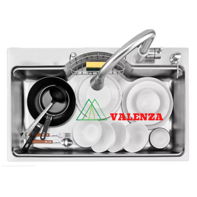 Chậu rửa bát inox304 bán nguyệt 5li chống xước 7546 Valenza, vòi rửa bát rút dây nóng lạnh 01, bộ xả 18cm, khay inox, rổ inox lỗ, bình rửa bát, rửa ly cốc