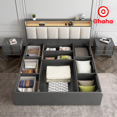 [Miễn phí vận chuyển & lắp đặt] Giường ngủ thông minh cao cấp bọc nệm đầu giường có hộc kéo gỗ công nghiệp Ohaha - GN017