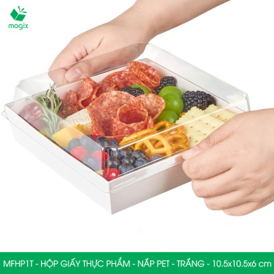 MFHP1T - 10.5x10.5x6 cm - 100 hộp giấy thực phẩm màu trắng nắp Pet, hộp giấy vuông đựng thức ăn, hộp bánh nắp trong