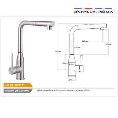 Vòi cố định cổ hình bầu dục xoay 360 độ nóng lạnh inox Tundo Boss BV6222 360*55*320 mm