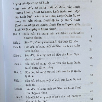 Luật Sửa Đổi, Bổ Sung Một Số Điều Của Luật Chứng Khoán, Luật Kế Toán, Luật Kiểm Toán Độc Lập, Luật Ngân Sách Nhà nước, Luật Quản Lý, Sử Dụng Tài Sản Công, Luật Quản Lý thuế, Luật Thuế Thu Nhập Cá Nhân, Luật Dự Trữ Quốc Gia, Luật Xử Lý Vi Phạm Hành Chính