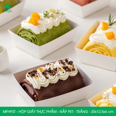 MFHP3T - 20x12.5x6 cm - 100 hộp giấy thực phẩm màu trắng nắp Pet, hộp giấy chữ nhật đựng thức ăn, hộp bánh nắp trong