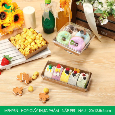 MFHP3N - 20x12.5x6 cm - 50 hộp giấy kraft thực phẩm màu nâu nắp Pet, hộp giấy chữ nhật đựng thức ăn, hộp bánh nắp trong