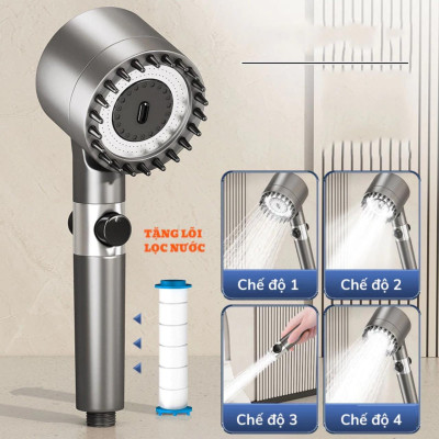 Vòi Sen Tăng Áp, Đầu Vòi Hoa Sen Mát Xa 4 Trong 1, 3 Chế Độ Áp Suất Cao Tiết Kiệm Nước, Lõi Cotton Lọc Cho Nhà Tắm - HÀNG chính hãƞg MINIIN