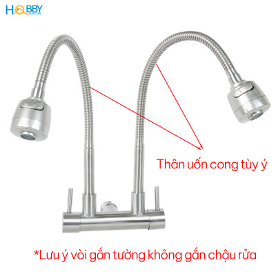Vòi rửa chén gắn tường 2 đầu xả tăng áp inox 304 Hobby home decor G2T