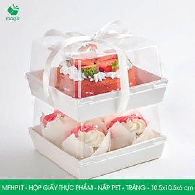 MFHP1T - 10.5x10.5x6 cm - 25 hộp giấy thực phẩm màu trắng nắp Pet, hộp giấy vuông đựng thức ăn, hộp bánh nắp trong