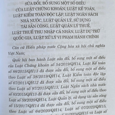 Luật Sửa Đổi, Bổ Sung Một Số Điều Của Luật Chứng Khoán, Luật Kế Toán, Luật Kiểm Toán Độc Lập, Luật Ngân Sách Nhà nước, Luật Quản Lý, Sử Dụng Tài Sản Công, Luật Quản Lý thuế, Luật Thuế Thu Nhập Cá Nhân, Luật Dự Trữ Quốc Gia, Luật Xử Lý Vi Phạm Hành Chính