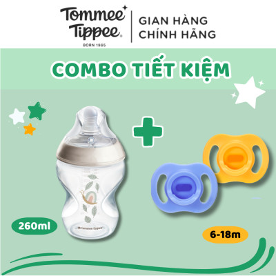 COMBO Ty Ngậm Silicon Siêu Nhẹ Tommee Tippee Ultra Light 6-18m & Bình Sữa PP Ty Siêu Mềm Tommee Tippee 260ml, Họa Tiết