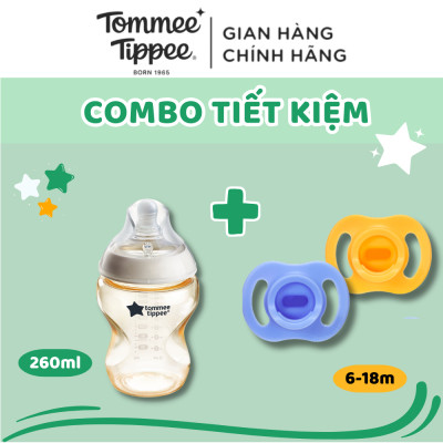 COMBO Ty Ngậm Silicon Siêu Nhẹ Tommee Tippee Ultra Light 6-18m & Bình Sữa PPSU Ty Siêu Mềm Tommee Tippee 260ml