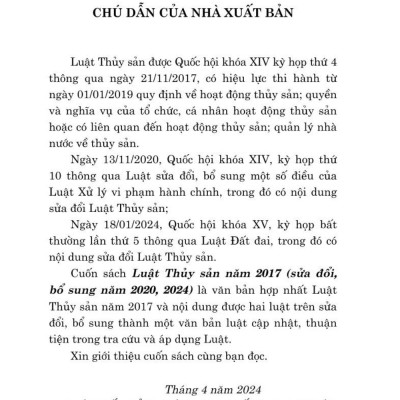 Luật thủy sản năm 2017 sửa đổi, bổ sung năm 2020, 2024 (bản in 2024)
