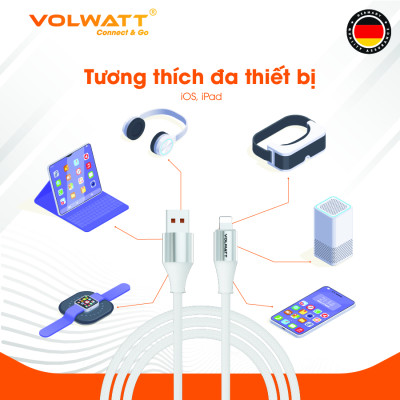 Cáp sạc nhanh Volwatt GE-S16-AL hàng chính hãng | Cáp USB-A to L 12W, thích hợp từ iP14 trở xuống – Dây bện, chống rối, BH 12 tháng