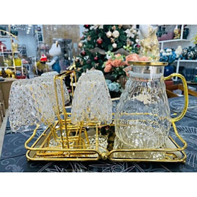Combo bộ bình uống nước 6 cốc thủy tinh vân bóng kèm khay và giá úp cốc