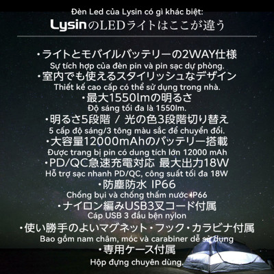 Lysin - đèn led chiếu sáng cầm tay sạc dự phòng 12000mah,cắm trại du lịch,dã ngoại, camping,picnic ngoài trời tiện lợi đa năng chống thấm nước,chống bụi bẩn.