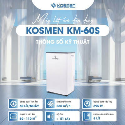 Máy Hút Ẩm Kosmen KM-60S Công Suất 60 lít/ngày, Công Nghệ Ion Âm - Hàng Chính Hãng
