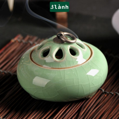 Lư Xông Nụ Trầm Hương Gốm Sứ Nắp Đồng Hoa Văn Cổ - Dùng Đốt Nụ Trầm Phong Cách Thiền Thuần Việt