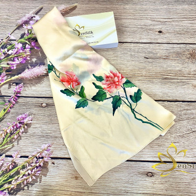Khăn Lụa Bảo Lộc Vẽ Tay Mẫu Đơn SenSilk - Vietnam Gift Quà Tặng Khách Nước Ngoài 180x55cm, Silk Painting Scarves made in Vietnam