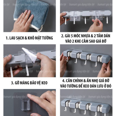 Giá Đỡ Chổi 4 Lỗ Kẹp Cây Lau Nhà 5 Móc Treo Khăn Bàn Chải Cọ Tắm Đa Năng Hamart Dán Tường Siêu Dính