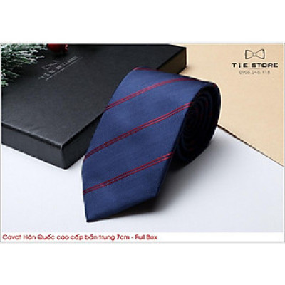 Cà Vạt Hàn Quốc bản trung 7cm Cao cấp kèm hộp - Xanh kẻ đỏ