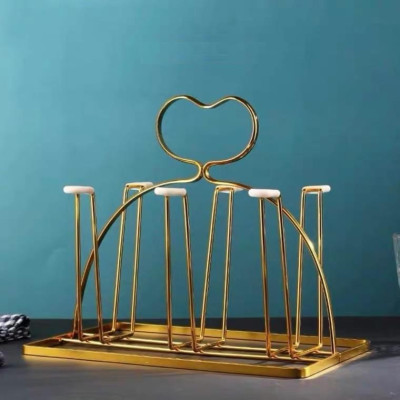 Combo bình đựng nước uống thủy tinh vàng vân sọc kèm khay và giá úp cốc ( giá úp cốc kim lọai mạ vàng giao ngẫu nhiên )