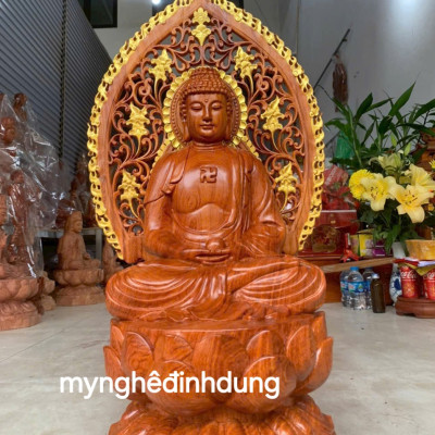 Tượng phật adi đà bằng gỗ hương đá 30x17x16cm+ lá chắn hòa quang cao tổng 41cm 