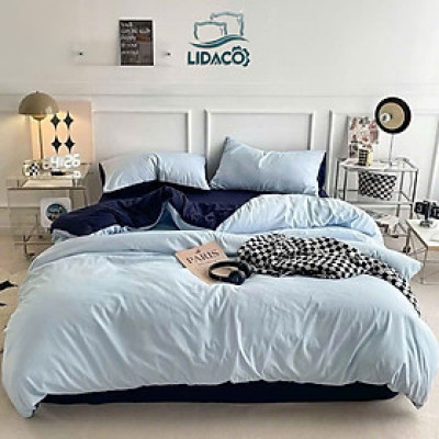 Bộ vỏ chăn ga gối cotton tici LIDACO notag - Xanh nhạt ga than