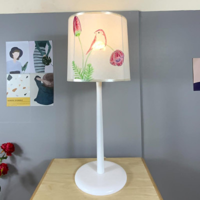 Đèn bàn gỗ chú chim mùa xuân Gỗ tự nhiên, vải thô đũi Hà Đông vẽ tay