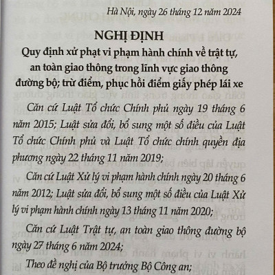 Nghị định 168/2024/NĐ-CP ngày 26-12-2024 của Chính Phủ Quy Định Xử Phạt Vi Phạm Hành Chính Về Trật Tự, An Toàn Giao Thông Trong Lĩnh Vực Giao Thông Đường Bộ; Trừ Điểm, Phục Hồi Điểm Giấy Phép Lái Xe