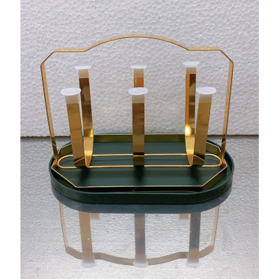 Combo 6 cốc thủy tinh uống nước chịu nhiệt cao cấp họa tiết tống đồng kèm giá úp cốc có khay hứng nước ngọng vàng